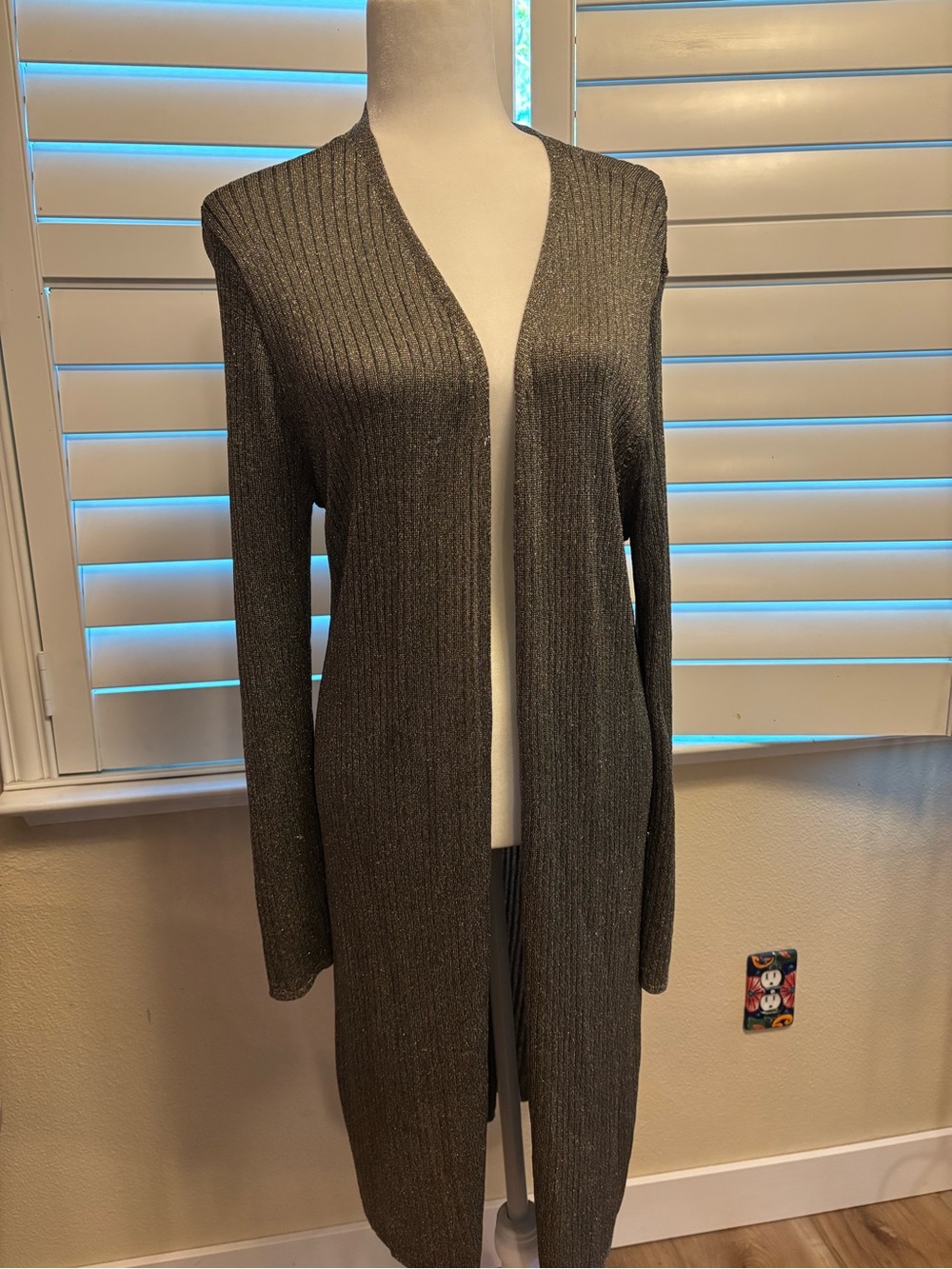 Chico's Long Open-Front Metallic Ribbed Cardigan in Dark Gray NWT